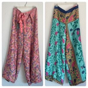 Peacock and Pink Flower Silk Wrap Pants